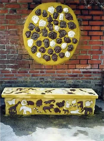 ceramic wall faces and a bench
